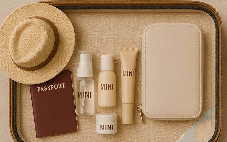 Mini Beauty Produkte für Reisen im Koffer