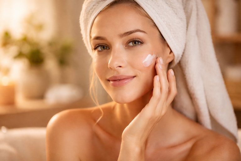 Frau Hautpflege mit Creme im Gesicht